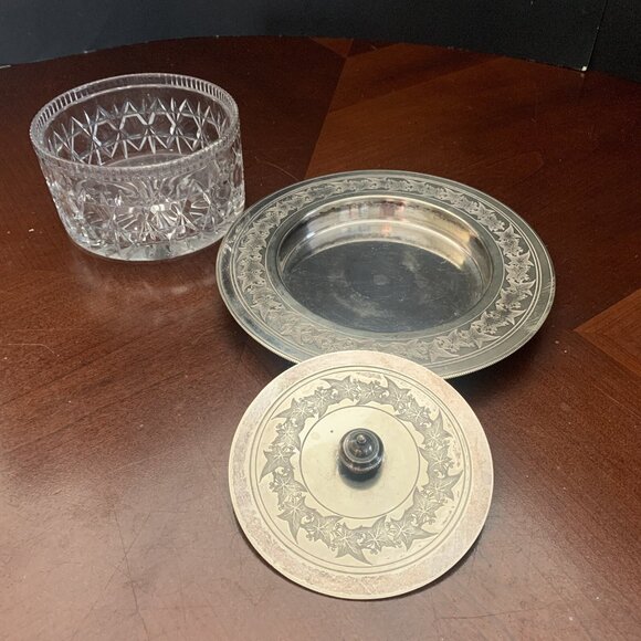 1878 Victorian Pressed Glass Butter Dish Silverplate Tray & Lid Percival Vickers - Picture 12 of 16